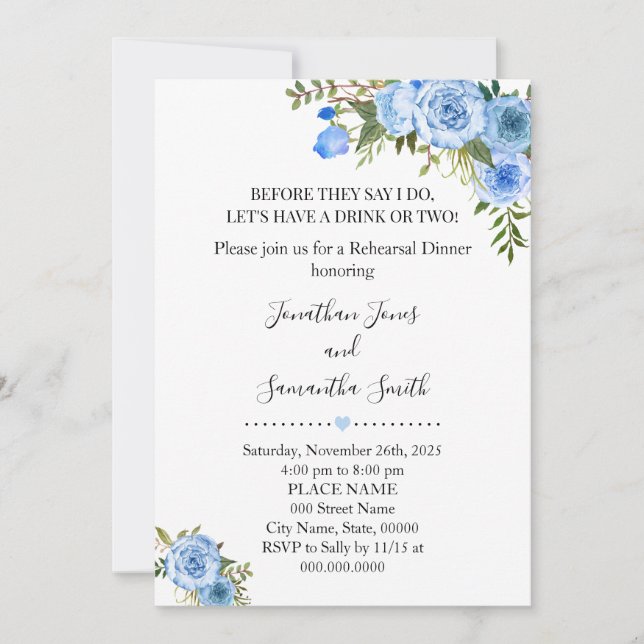 Invitation Romantique Bleu floral boho chic dîner de répétiti (Devant)
