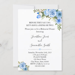 Invitation Romantique Bleu floral boho chic dîner de répétiti