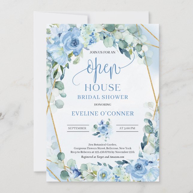 Invitation Romantique bleu floral eucalyptus or Open House (Devant)