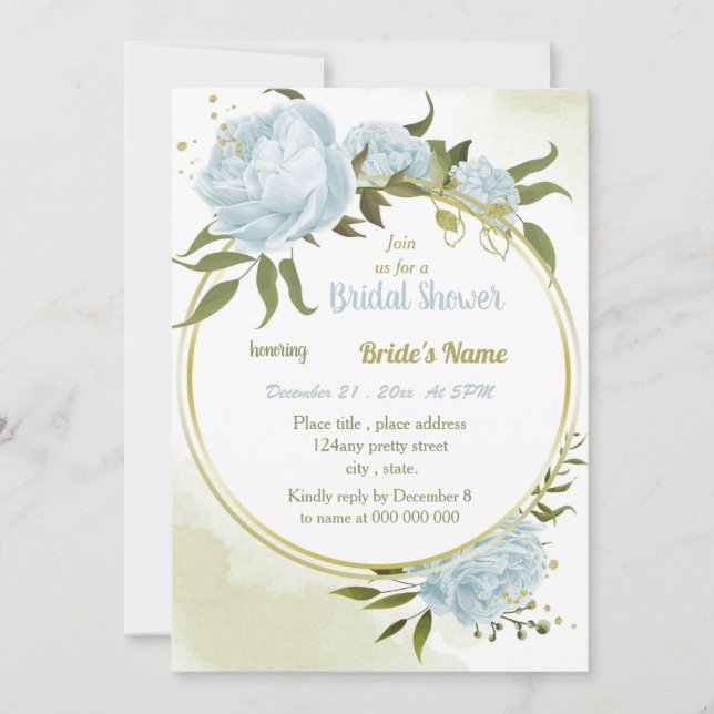 Invitation romantique bleu floral or wreath douche nuptiale (Devant)
