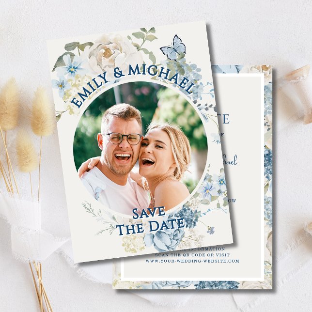 Invitation Romantique bleu floral photo QR Code (Créateur téléchargé)