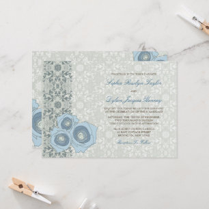 Invitation Romantique Bleu Rose Dentelle Damas Élégant Mariag
