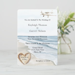 Invitation Romantique Blue Beach Ocean Avion Mariage de coeur