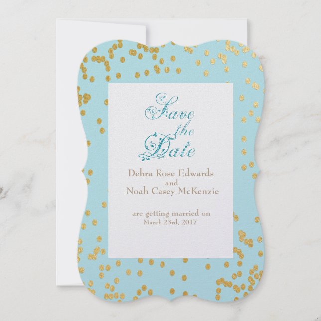 Invitation Romantique Blue Gold Confetti Enregistrer la date (Devant)