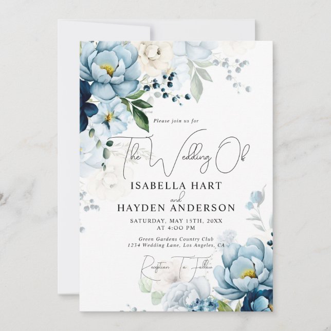 Invitation Romantique Blue Navy Floral Tout en 1 QR Code Mari (Devant)