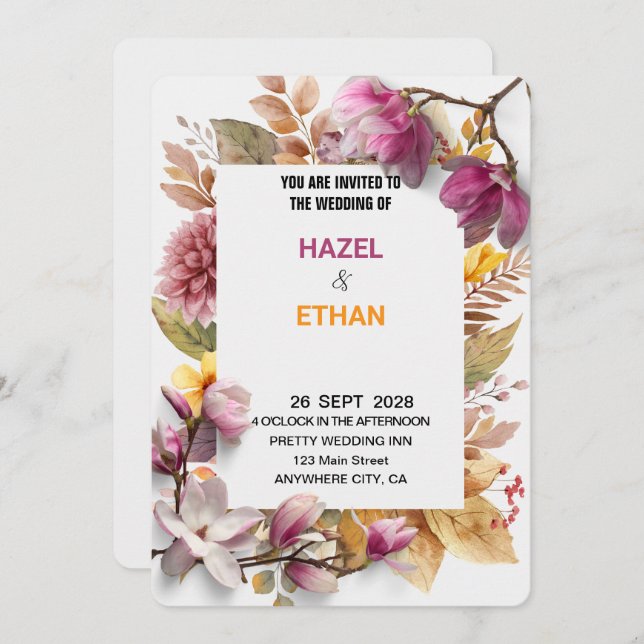 Invitation Romantique Blush & Autumn Botanical Wedding Invite (Devant / Derrière)