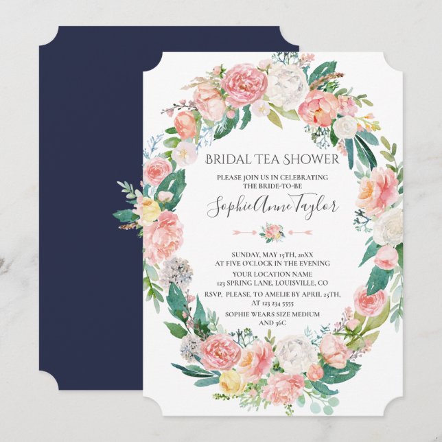 Invitation Romantique Blush Blanc Floral Bridal Tea Douche (Devant / Derrière)