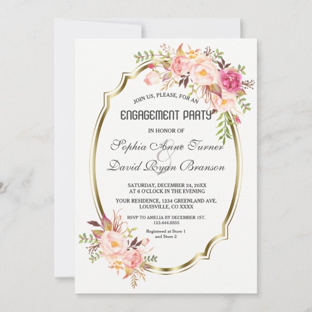 Invitation Romantique Blush rose Floral Gold Party (Devant)