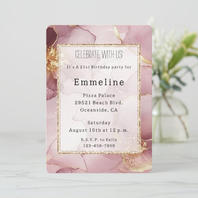 Invitation Romantique Blush Rose or Abstrait Floral Anniversa (Debout devant)