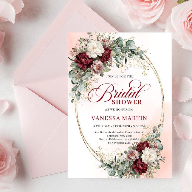 Invitation Romantique Bohème Bourgogne Verdure Or Fête de Mar (Romantic Burgundy Greenery Gold Bridal Shower Invite)
