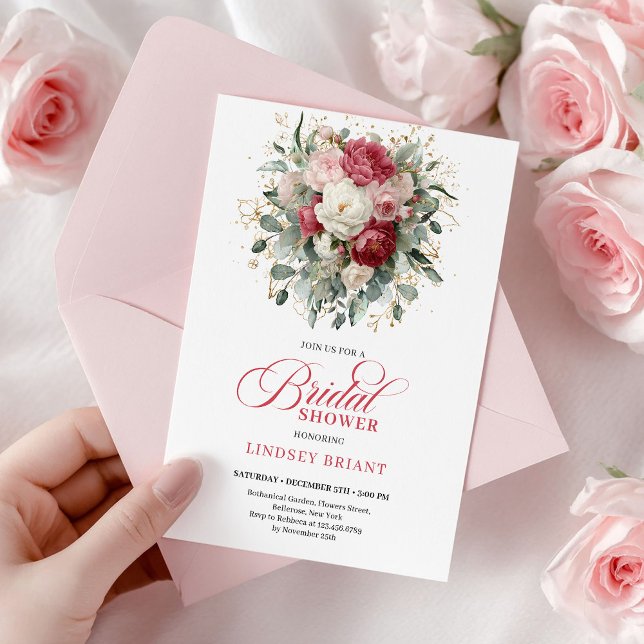 Invitation Romantique Bohème Rouge Carmine Or Fleurs Mariage  (Romantic Boho Crimson Blush Gold Floral Bridal Shower

)