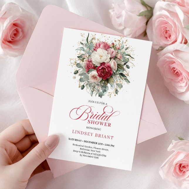 Invitation Romantique Bohème Rubis Rose Doré Roses Douce  (Romantic Bohemian Ruby Blush Gold Roses Shower Invite

)