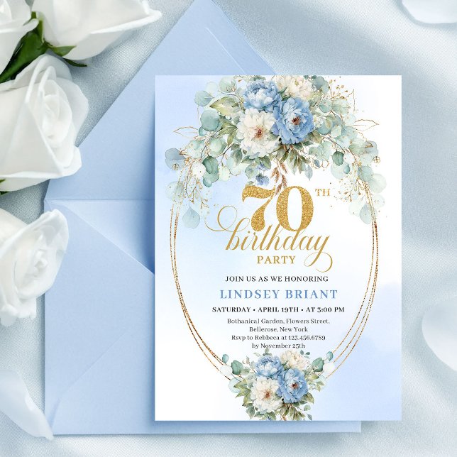 Invitation Romantique Boho Fleurs Bleu Clair 70e Anniversaire (Romantic Boho Light Blue Flowers 70th Birthday Invite

)