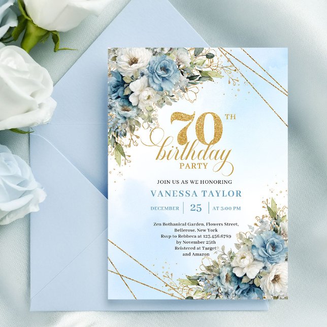 Invitation Romantique boho fleurs bleues cadre doré 70e anniv (Romantic boho blue florals gold frame 70th birthday

)