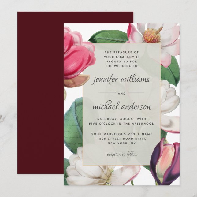 Invitation Romantique Boho Magnolia Blossoms Élégant Floral (Devant / Derrière)