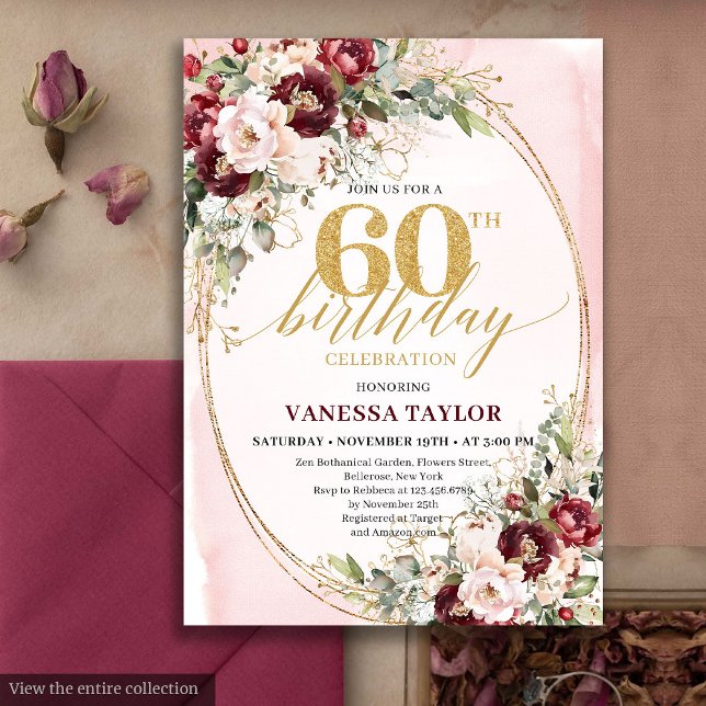 Invitation Romantique Boho Marsala Or Floral 60e Anniversaire (Romantic Boho Marsala Gold Floral 60th Birthday)