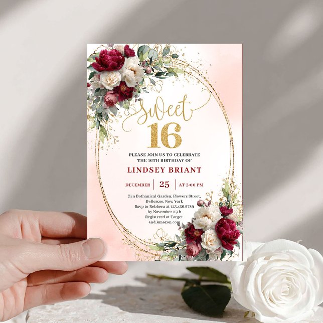 Invitation Romantique Boho Merlot Or Floral Dix-Seize Ans  (Romantic Boho Merlot Gold Floral Sweet Sixteen Invite)