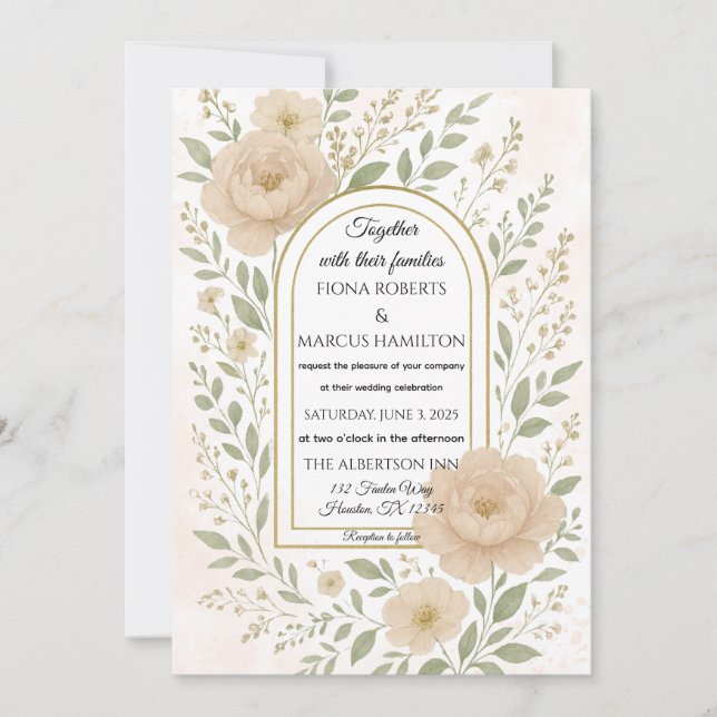 Invitation Romantique Boho Peonies & verdure Mariage élégant (Devant)