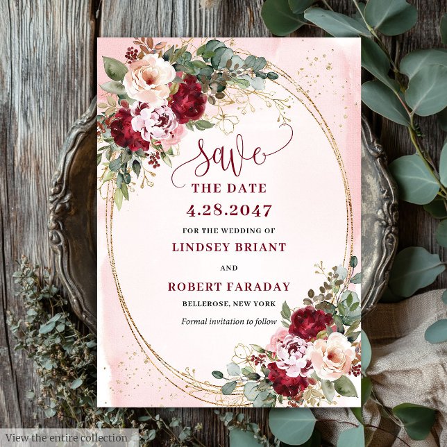 Invitation Romantique Boho Rouge Clair Or Fleurs Enregistrer  (Romantic Boho Maroon Blush Gold Flowers Save Date)