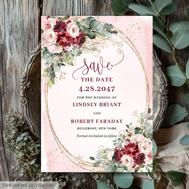 Invitation Romantique Boho Rouge Profond Blush Or Floral Sauv (Romantic Boho Deep Red Blush Gold Floral Save It)