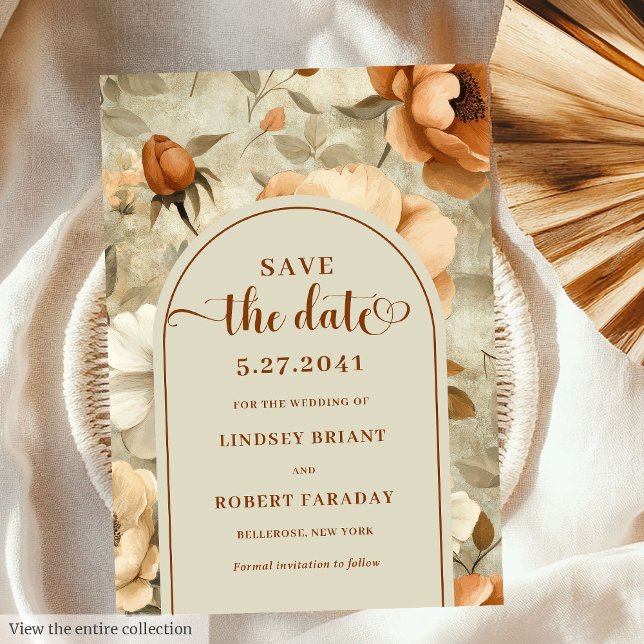 Invitation Romantique Boho Rouille Fleurs d'Ivoire Save The D (Romantic Boho Rust Ivory Floral Save The Date)
