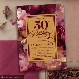 Invitation Romantique bordeaux roux roses 50e anniversaire