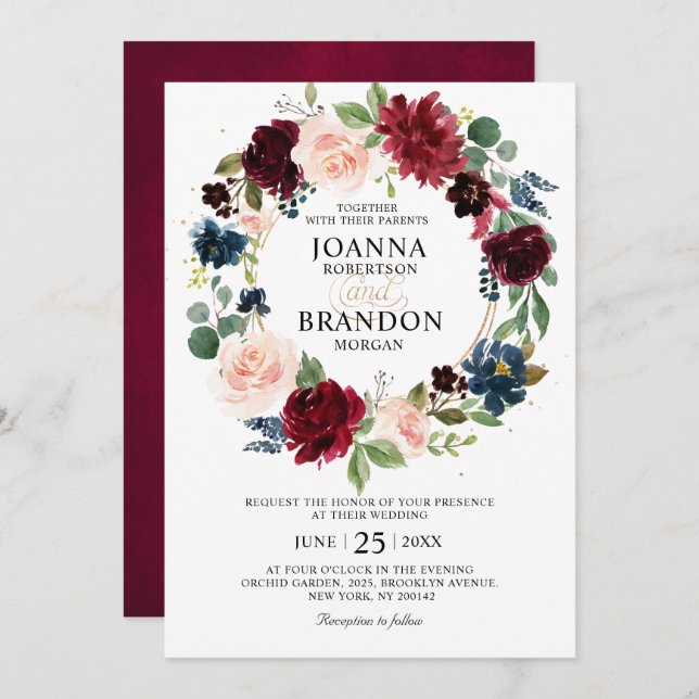 Invitation Romantique Bourgogne Blush Floral Mariage géométri (Devant / Derrière)