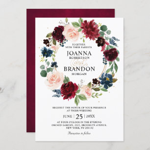 Invitation Romantique Bourgogne Blush Floral Mariage géométri