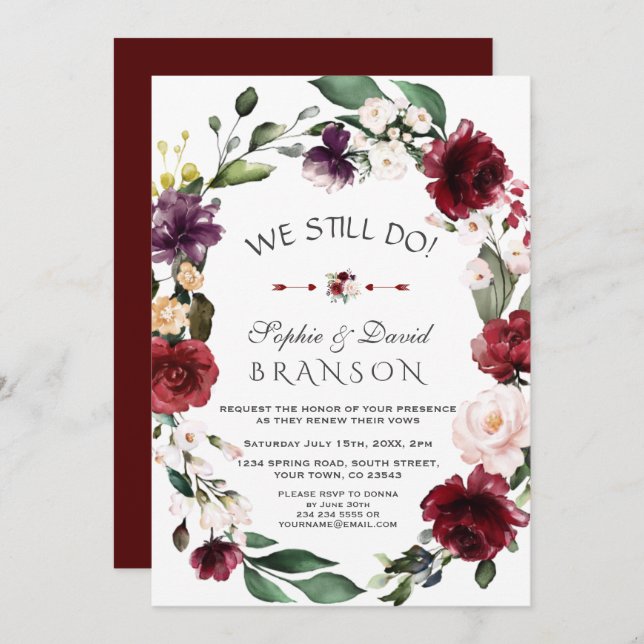 Invitation Romantique Bourgogne Blush Floral NOUS LE FAISONS  (Devant / Derrière)