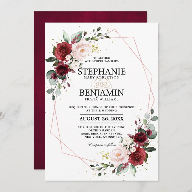 Invitation Romantique Bourgogne Blush Floral Rose Or géométri (Devant / Derrière)