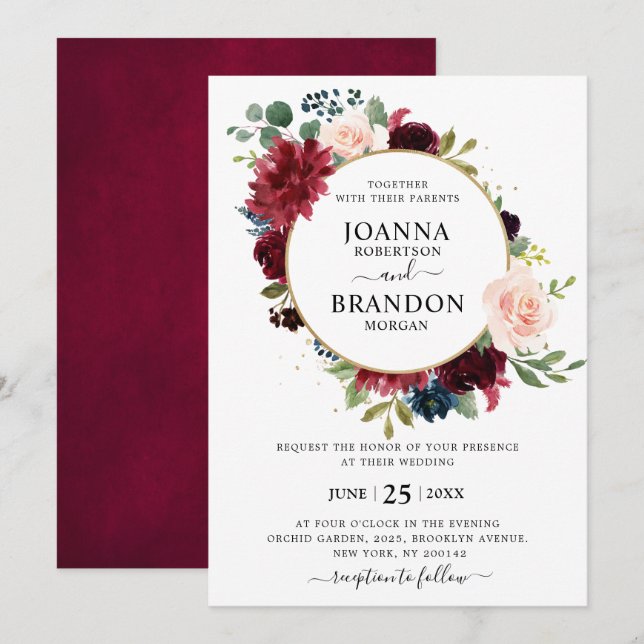 Invitation Romantique Bourgogne Blush Navy Mariage floral ble (Devant / Derrière)