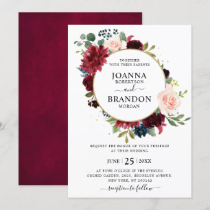 Invitation Romantique Bourgogne Blush Navy Mariage floral ble