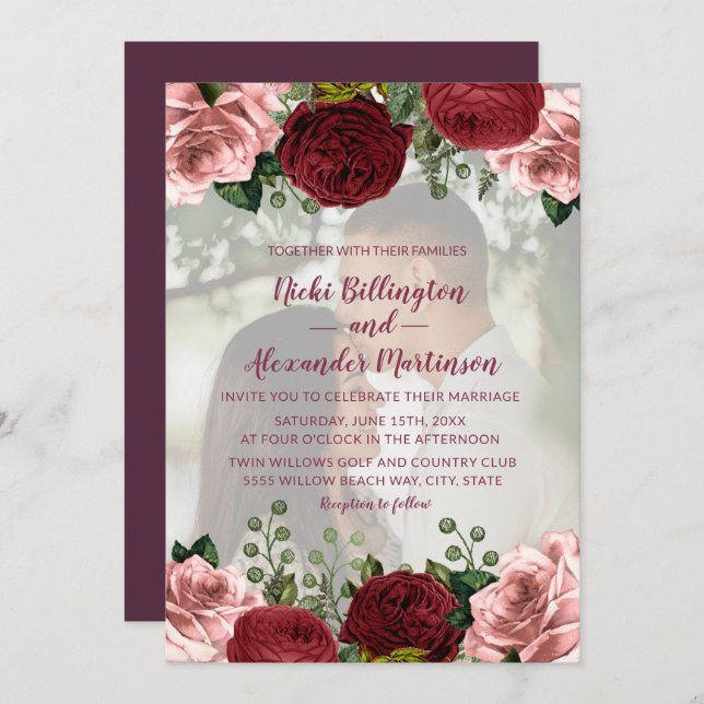 Invitation Romantique Bourgogne Blush Pink Floral Mariage pho (Devant / Derrière)