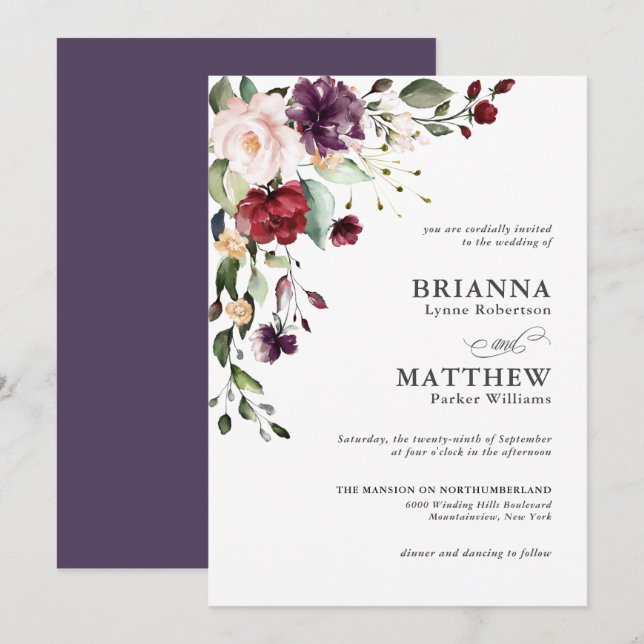 Invitation Romantique Bourgogne Blush Plum Vert Mariage Flora (Devant / Derrière)