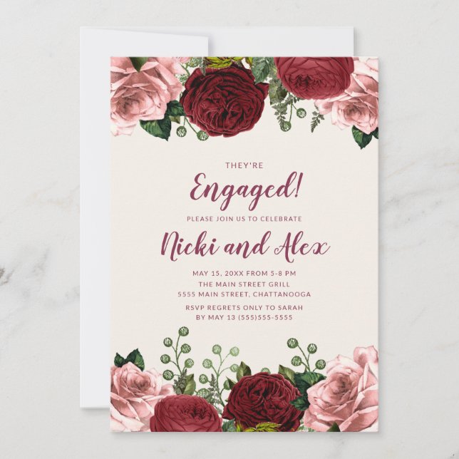 Invitation Romantique Bourgogne Blush rose Fiançailles Floral (Devant)