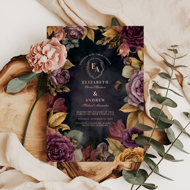 Invitation Romantique Bourgogne Fleur d'automne thème Mariage (Créateur téléchargé)