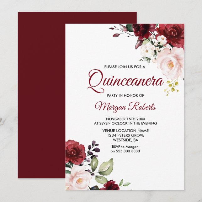 Invitation Romantique Bourgogne Fleurs Rouges Quinceanera (Devant / Derrière)