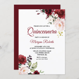 Invitation Romantique Bourgogne Fleurs Rouges Quinceanera