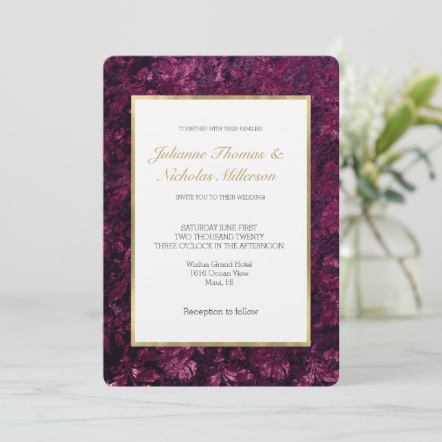 Invitation Romantique Bourgogne Floral Blanc Mariage or (Debout devant)