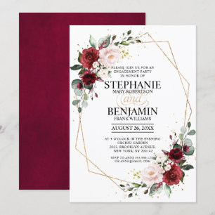 Invitation Romantique Bourgogne Floral Fiançailles géométriqu