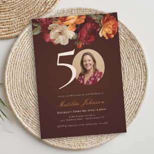 Invitation Romantique Bourgogne florale Photo 50e anniversair