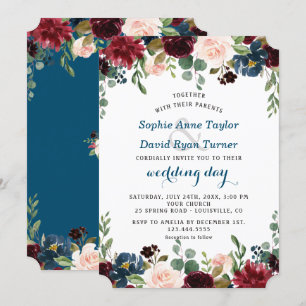 Invitation Romantique Bourgogne Marine bleu Blush Floral Mari