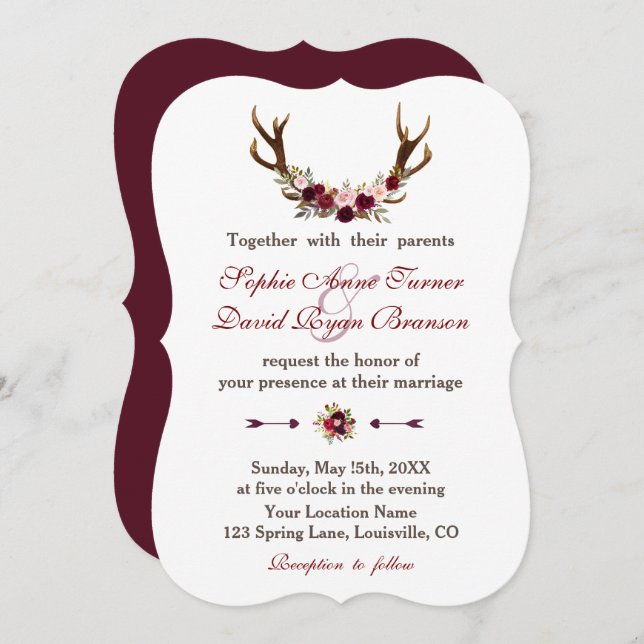Invitation Romantique Bourgogne Marsala Floral Antlers Mariag (Devant / Derrière)