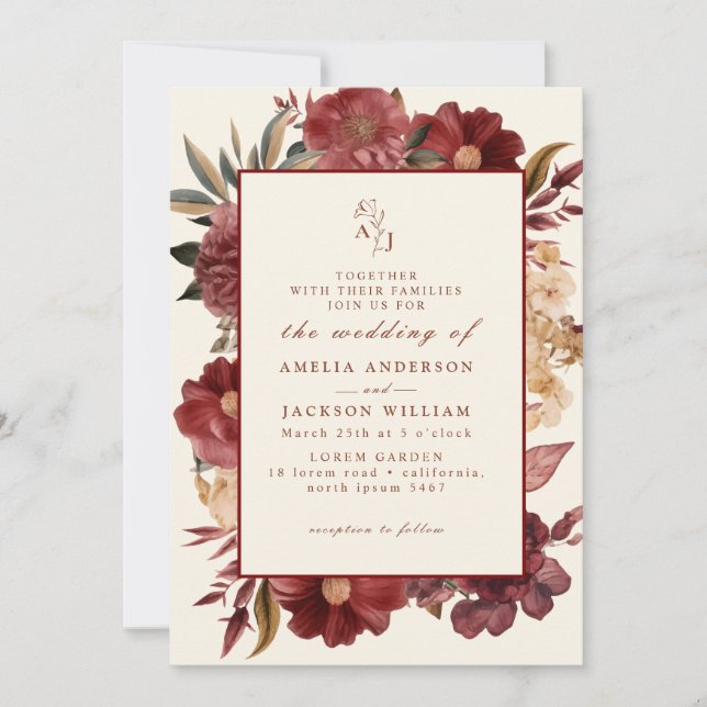 Invitation Romantique Bourgogne rouge et Mariage en cuivre (Devant)