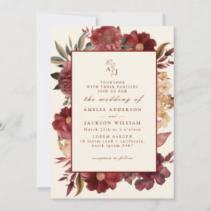 Invitation Romantique Bourgogne rouge et Mariage en cuivre