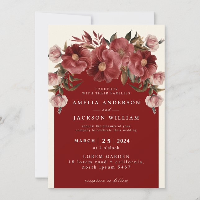 Invitation Romantique Bourgogne rouge et rose vif Mariage (Devant)