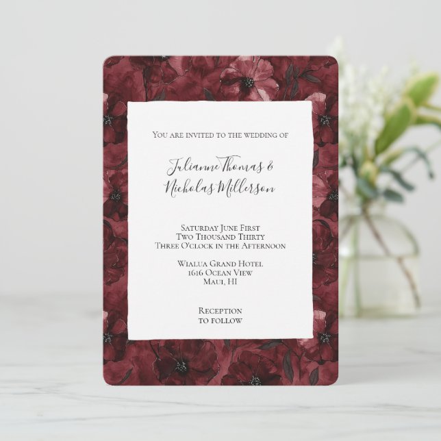 Invitation Romantique Bourgogne Rouge Floral Mariage (Debout devant)