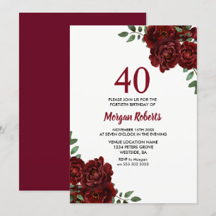 Invitation Romantique Bourgogne Rouge Rose 40e anniversaire I