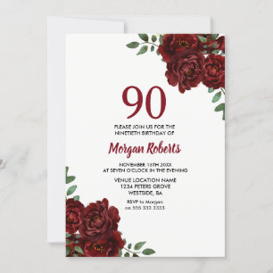 Invitation Romantique Bourgogne Rouge Rose 90e anniversaire I