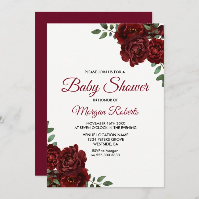 Invitation Romantique Bourgogne Rouge Rose Baby shower Invita (Devant / Derrière)